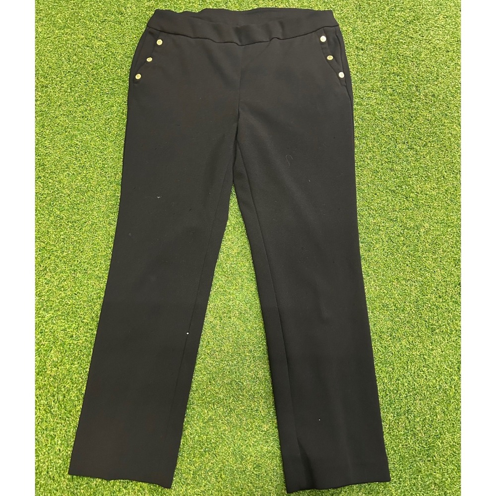 Anne Klein Womens Black Gold Button Straight Leg Pull On Dress Pants Size M